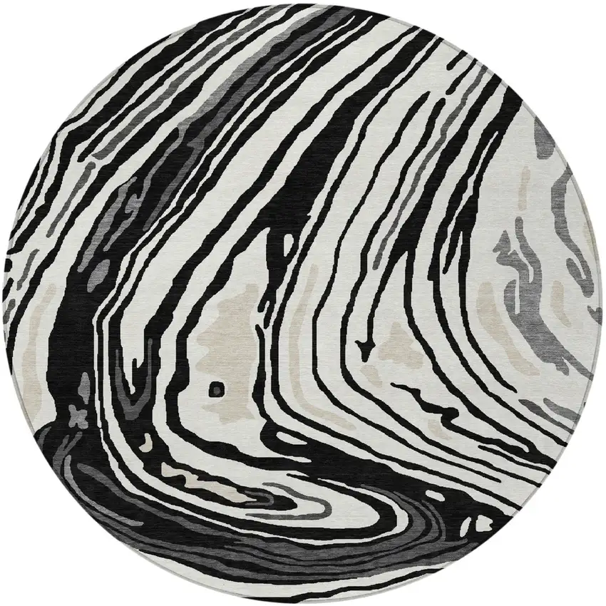 8' Black Gray And Ivory Round Abstract Washable Indoor Outdoor Area Rug Photo 7