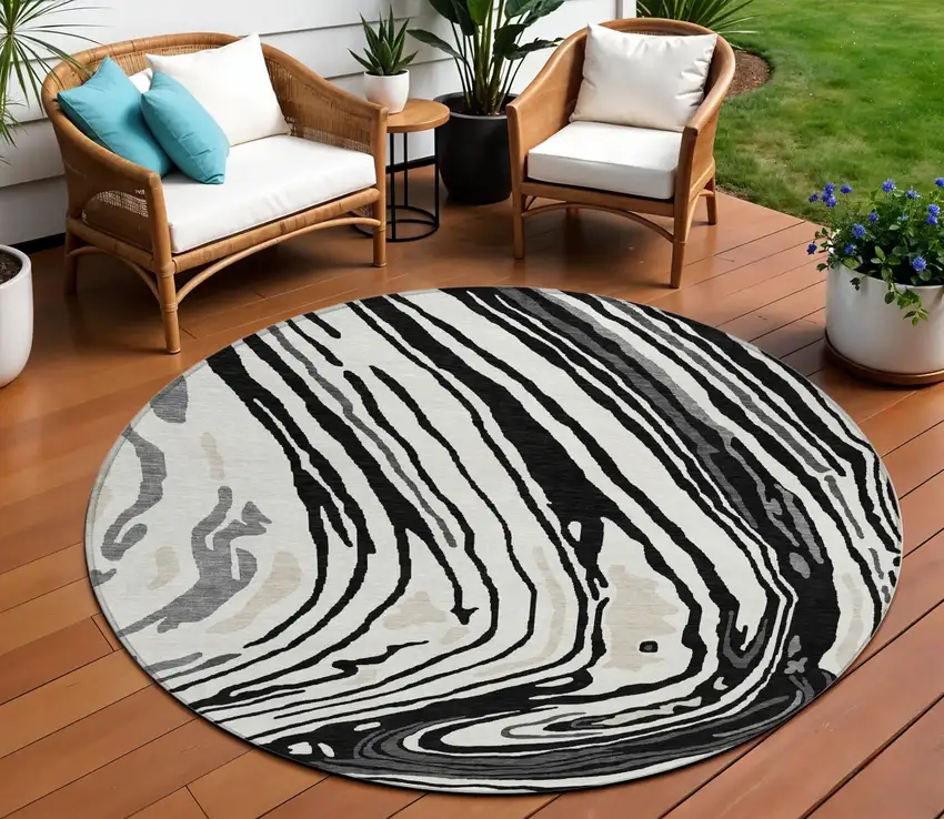 8' Black Gray And Ivory Round Abstract Washable Indoor Outdoor Area Rug Photo 1