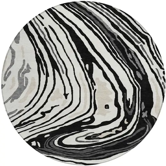8' Black Gray And Ivory Round Abstract Washable Indoor Outdoor Area Rug Photo 2