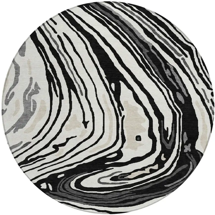 8' Black Gray And Ivory Round Abstract Washable Indoor Outdoor Area Rug Photo 2