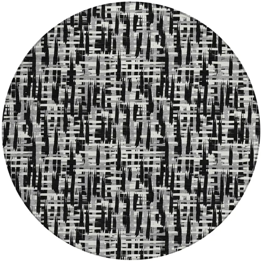 8' Black Gray And Ivory Round Abstract Washable Indoor Outdoor Area Rug Photo 2
