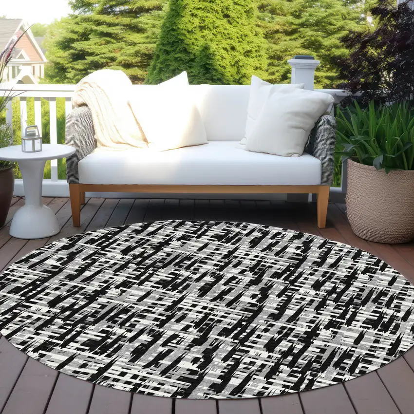 8' Black Gray And Ivory Round Abstract Washable Indoor Outdoor Area Rug Photo 8