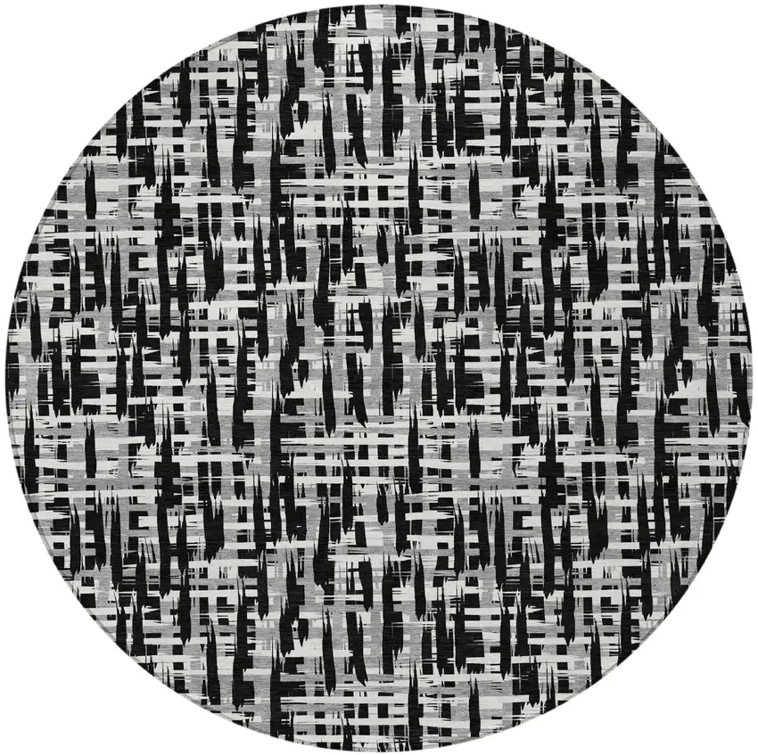 8' Black Gray And Ivory Round Abstract Washable Indoor Outdoor Area Rug Photo 7