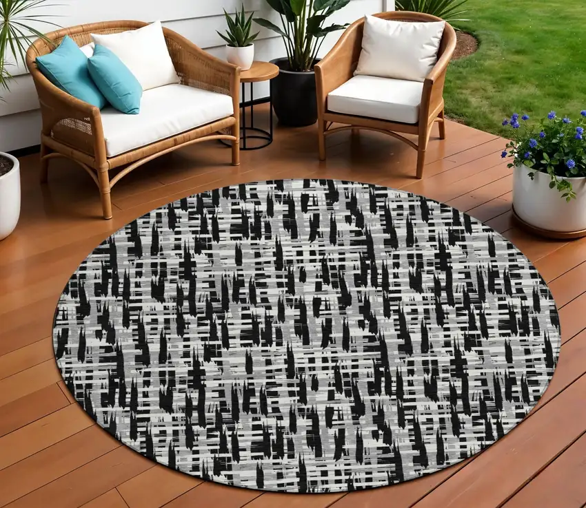 8' Black Gray And Ivory Round Abstract Washable Indoor Outdoor Area Rug Photo 1