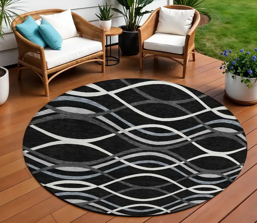 8' Black Gray And Ivory Round Abstract Washable Indoor Outdoor Area Rug Photo 1