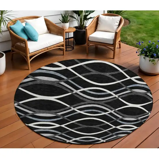 8' Black Gray And Ivory Round Abstract Washable Indoor Outdoor Area Rug Photo 1