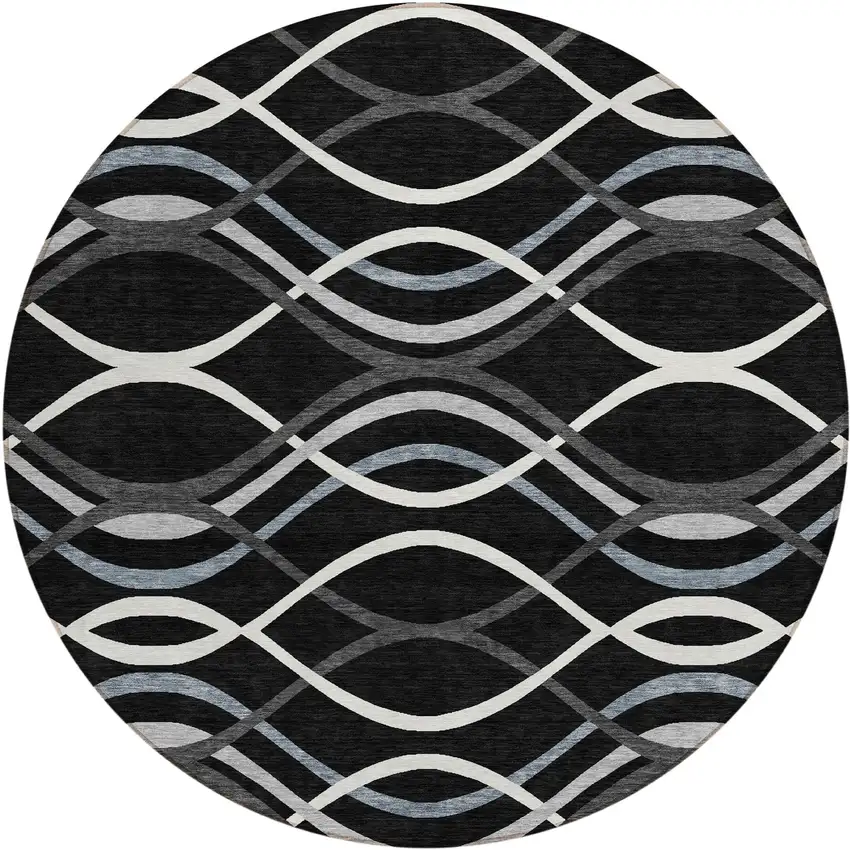 8' Black Gray And Ivory Round Abstract Washable Indoor Outdoor Area Rug Photo 1
