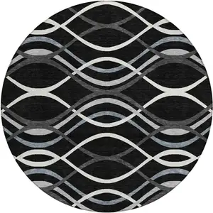Photo of 8' Black Gray And Ivory Round Abstract Washable Indoor Outdoor Area Rug