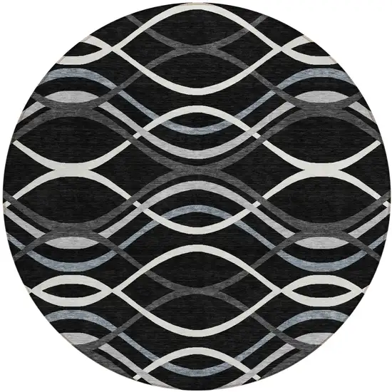 8' Black Gray And Ivory Round Abstract Washable Indoor Outdoor Area Rug Photo 1