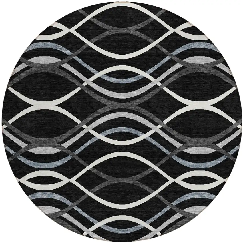 8' Black Gray And Ivory Round Abstract Washable Indoor Outdoor Area Rug Photo 1