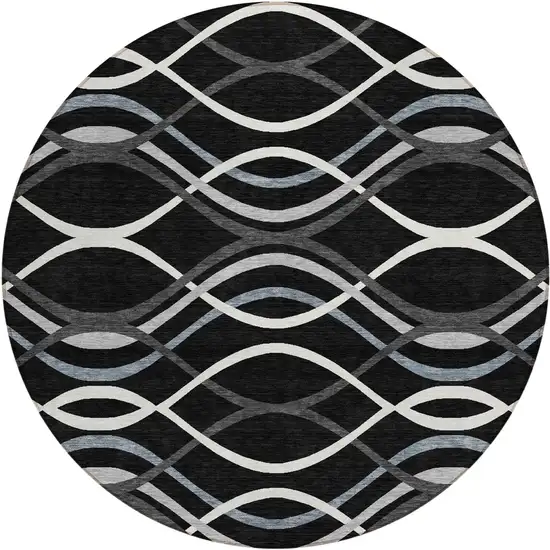 8' Black Gray And Ivory Round Abstract Washable Indoor Outdoor Area Rug Photo 1
