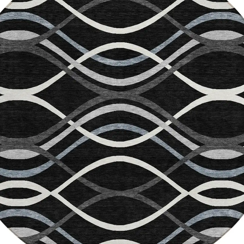 8' Black Gray And Ivory Round Abstract Washable Indoor Outdoor Area Rug Photo 9