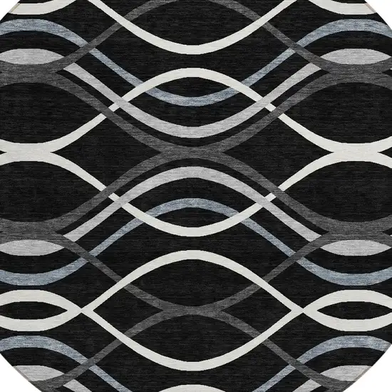 8' Black Gray And Ivory Round Abstract Washable Indoor Outdoor Area Rug Photo 9