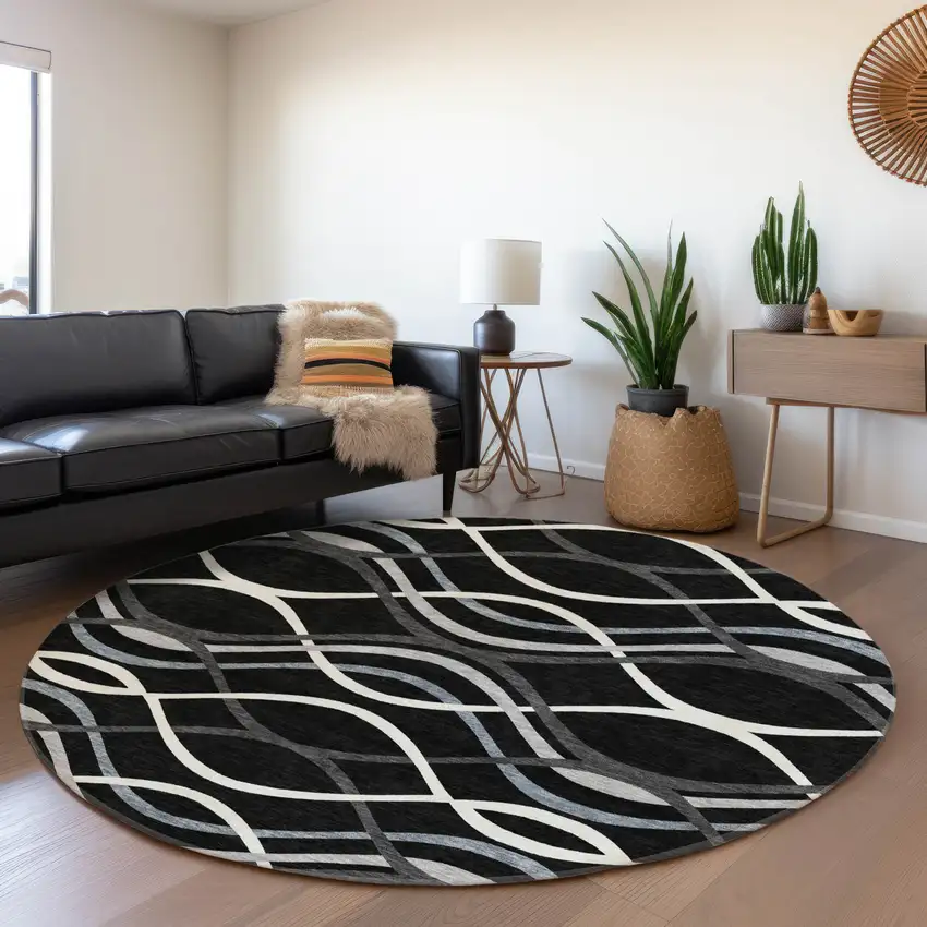 8' Black Gray And Ivory Round Abstract Washable Indoor Outdoor Area Rug Photo 7