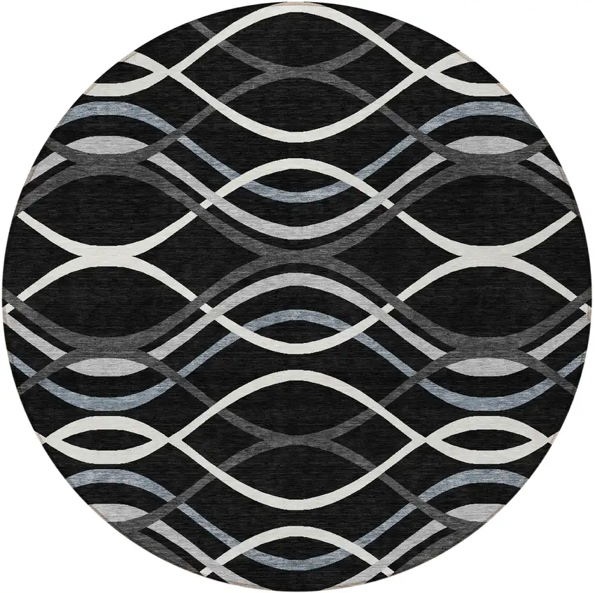 8' Black Gray And Ivory Round Abstract Washable Indoor Outdoor Area Rug Photo 2