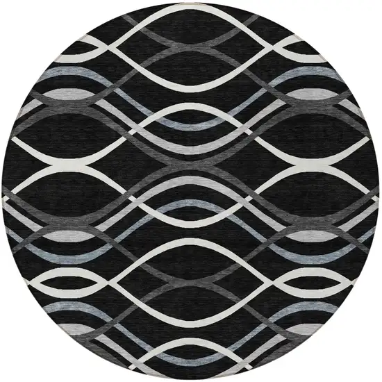 8' Black Gray And Ivory Round Abstract Washable Indoor Outdoor Area Rug Photo 2