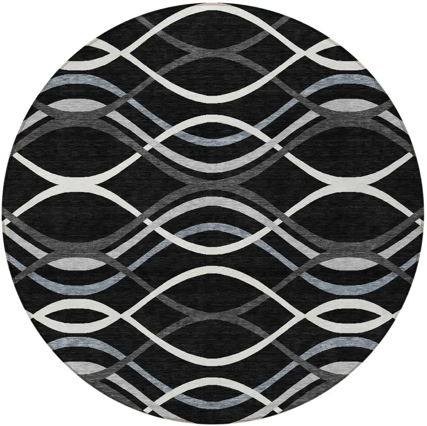 8' Black Gray And Ivory Round Abstract Washable Indoor Outdoor Area Rug Photo 2