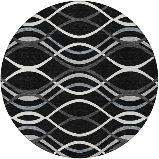 8' Black Gray And Ivory Round Abstract Washable Indoor Outdoor Area Rug Photo 2