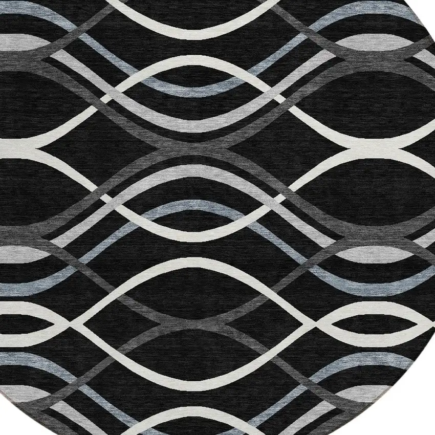8' Black Gray And Ivory Round Abstract Washable Indoor Outdoor Area Rug Photo 9