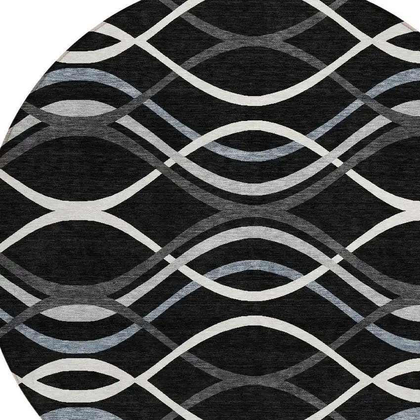 8' Black Gray And Ivory Round Abstract Washable Indoor Outdoor Area Rug Photo 5