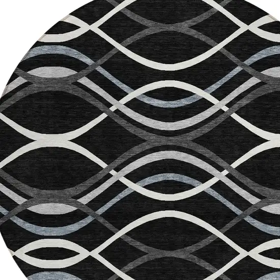 8' Black Gray And Ivory Round Abstract Washable Indoor Outdoor Area Rug Photo 5