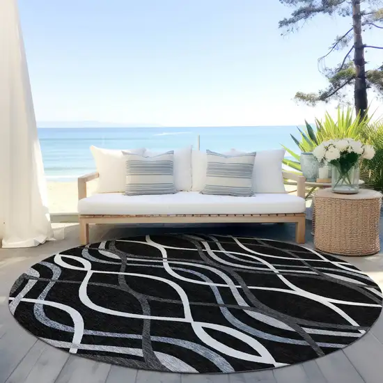 8' Black Gray And Ivory Round Abstract Washable Indoor Outdoor Area Rug Photo 6
