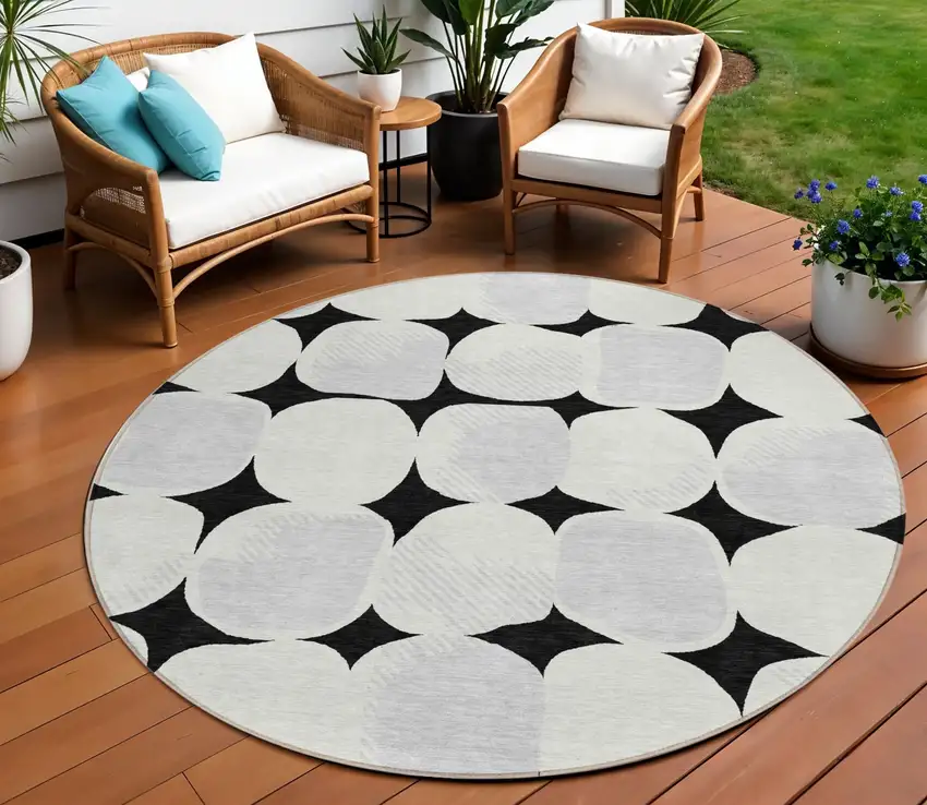 8' Black Gray And Ivory Round Abstract Washable Indoor Outdoor Area Rug Photo 1