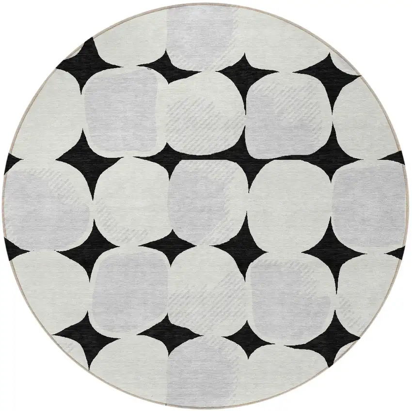 8' Black Gray And Ivory Round Abstract Washable Indoor Outdoor Area Rug Photo 6