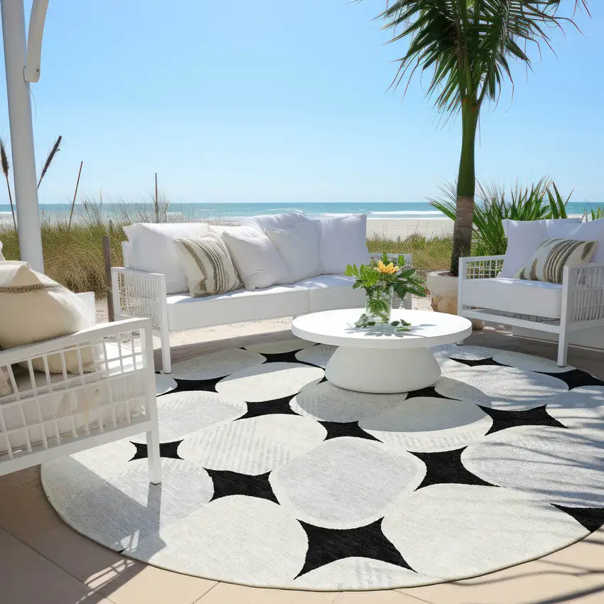 8' Black Gray And Ivory Round Abstract Washable Indoor Outdoor Area Rug Photo 7