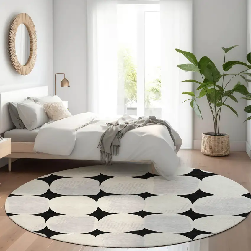8' Black Gray And Ivory Round Abstract Washable Indoor Outdoor Area Rug Photo 8