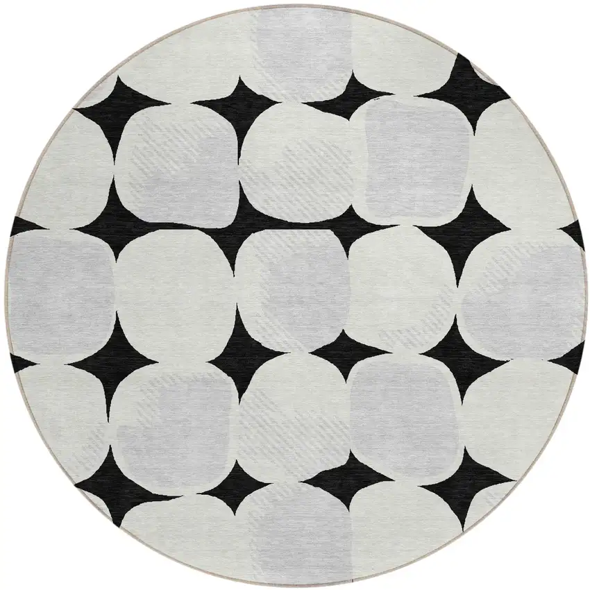 8' Black Gray And Ivory Round Abstract Washable Indoor Outdoor Area Rug Photo 2