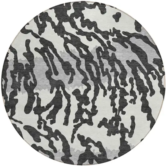 8' Black Gray And Ivory Round Animal Print Washable Indoor Outdoor Area Rug Photo 2