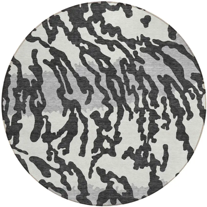 8' Black Gray And Ivory Round Animal Print Washable Indoor Outdoor Area Rug Photo 2