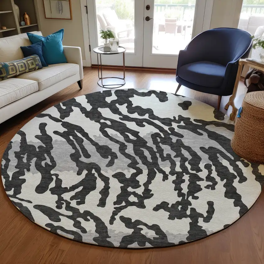 8' Black Gray And Ivory Round Animal Print Washable Indoor Outdoor Area Rug Photo 7