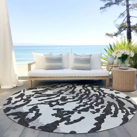 8' Black Gray And Ivory Round Animal Print Washable Indoor Outdoor Area Rug Photo 6