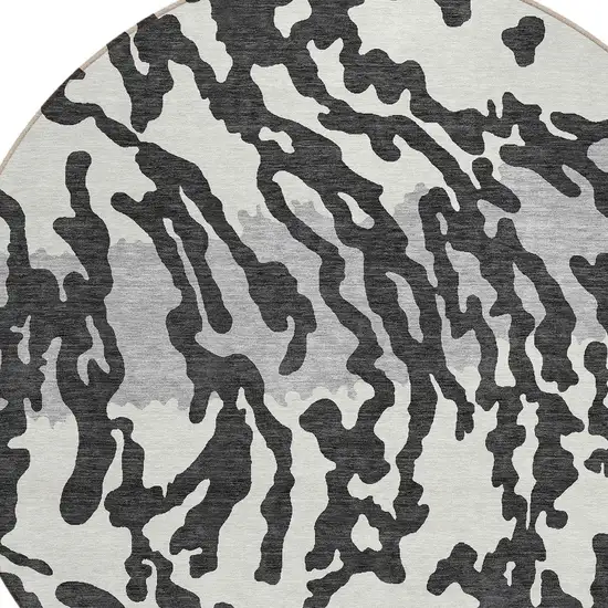 8' Black Gray And Ivory Round Animal Print Washable Indoor Outdoor Area Rug Photo 4