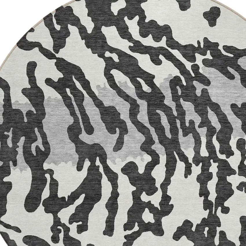 8' Black Gray And Ivory Round Animal Print Washable Indoor Outdoor Area Rug Photo 4