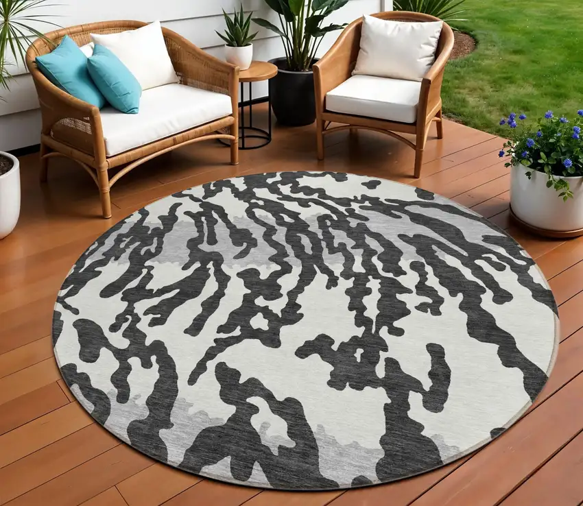 8' Black Gray And Ivory Round Animal Print Washable Indoor Outdoor Area Rug Photo 1