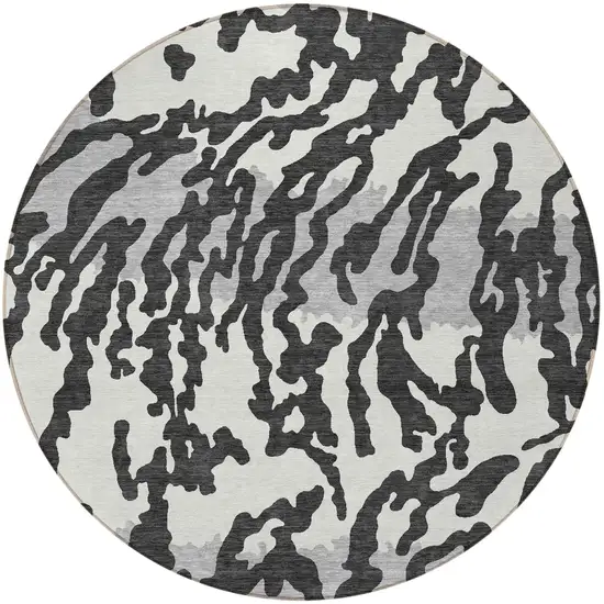 8' Black Gray And Ivory Round Animal Print Washable Indoor Outdoor Area Rug Photo 5