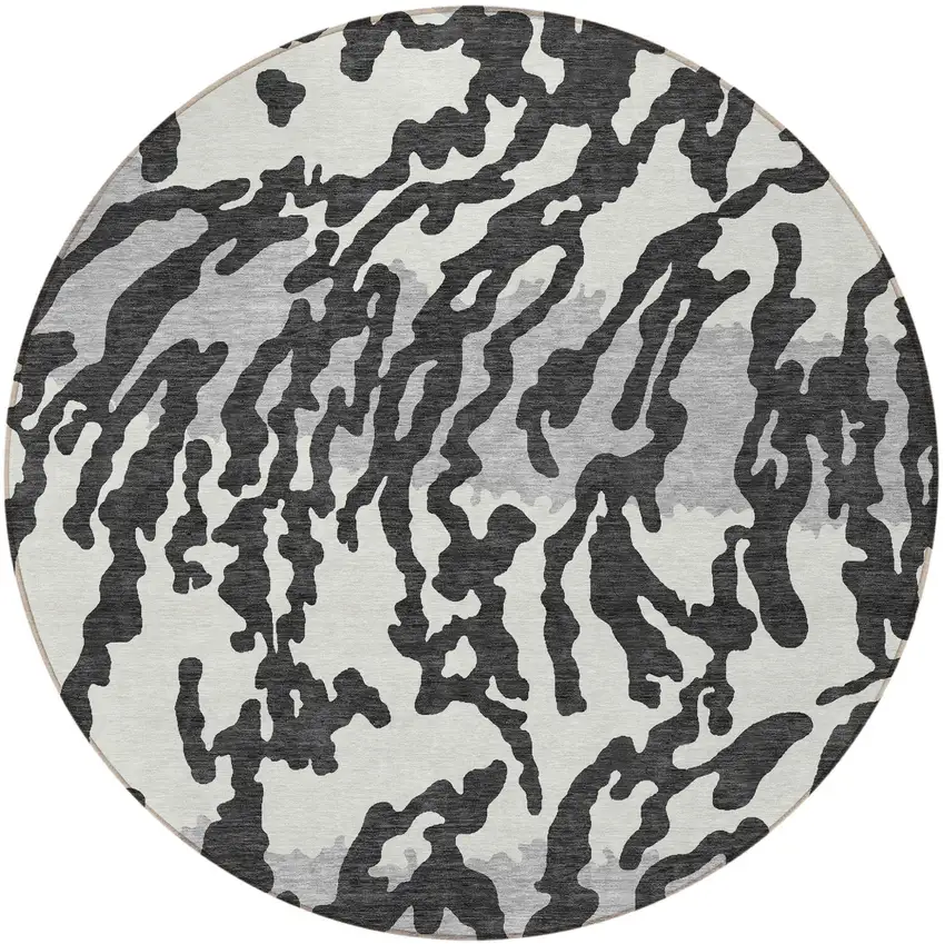 8' Black Gray And Ivory Round Animal Print Washable Indoor Outdoor Area Rug Photo 5
