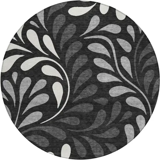 8' Black Gray And Ivory Round Botanical Leaves Washable Indoor Outdoor Area Rug Photo 1
