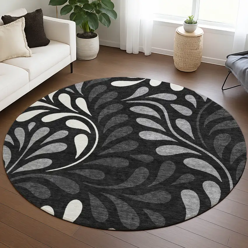 8' Black Gray And Ivory Round Botanical Leaves Washable Indoor Outdoor Area Rug Photo 5