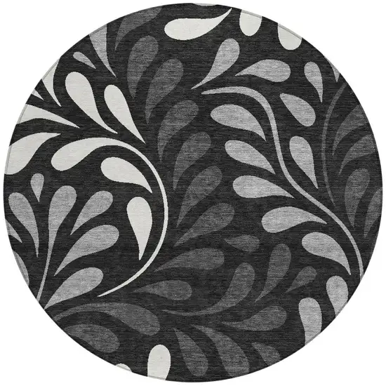 8' Black Gray And Ivory Round Botanical Leaves Washable Indoor Outdoor Area Rug Photo 3