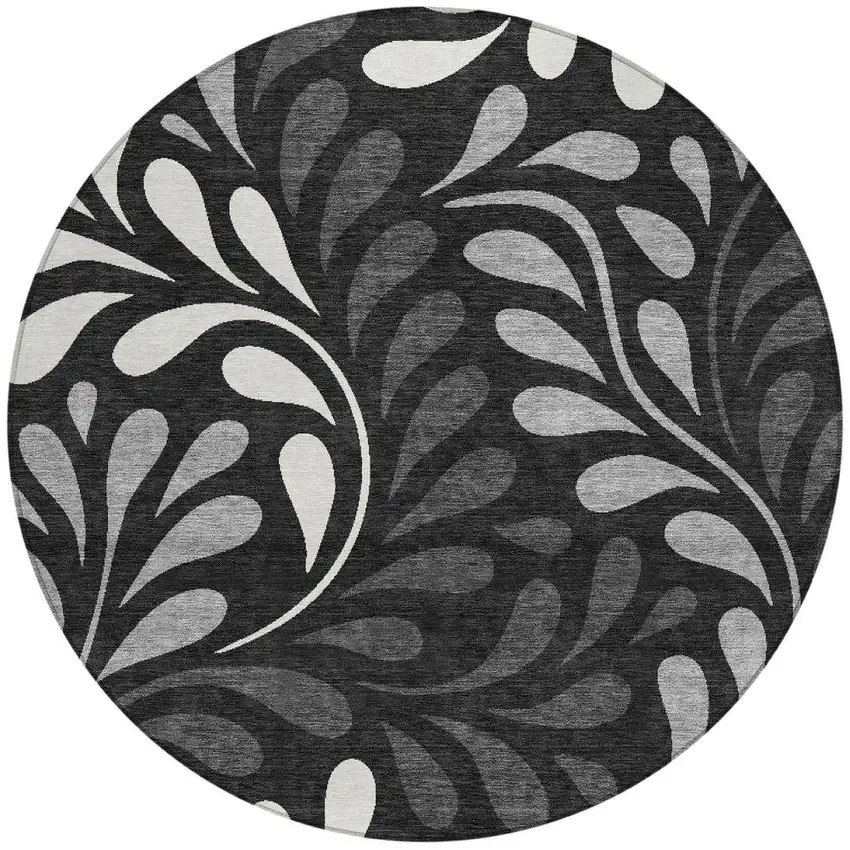 8' Black Gray And Ivory Round Botanical Leaves Washable Indoor Outdoor Area Rug Photo 3