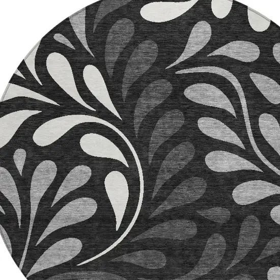 8' Black Gray And Ivory Round Botanical Leaves Washable Indoor Outdoor Area Rug Photo 2