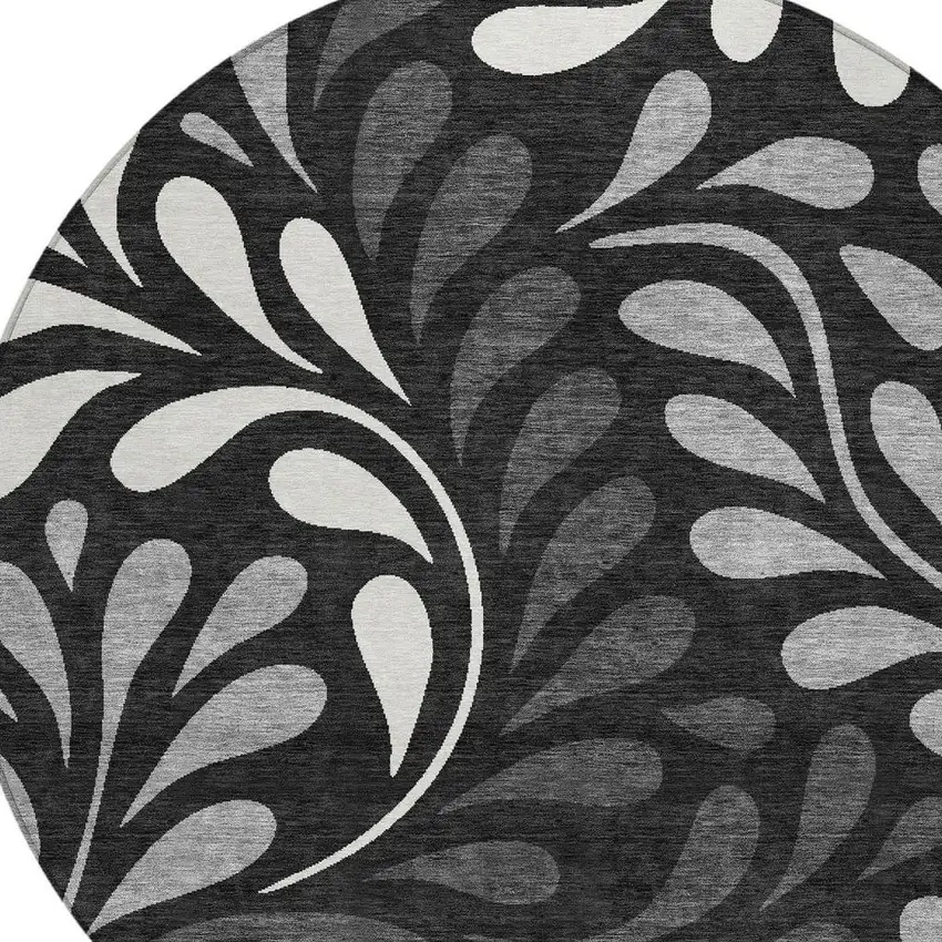 8' Black Gray And Ivory Round Botanical Leaves Washable Indoor Outdoor Area Rug Photo 2