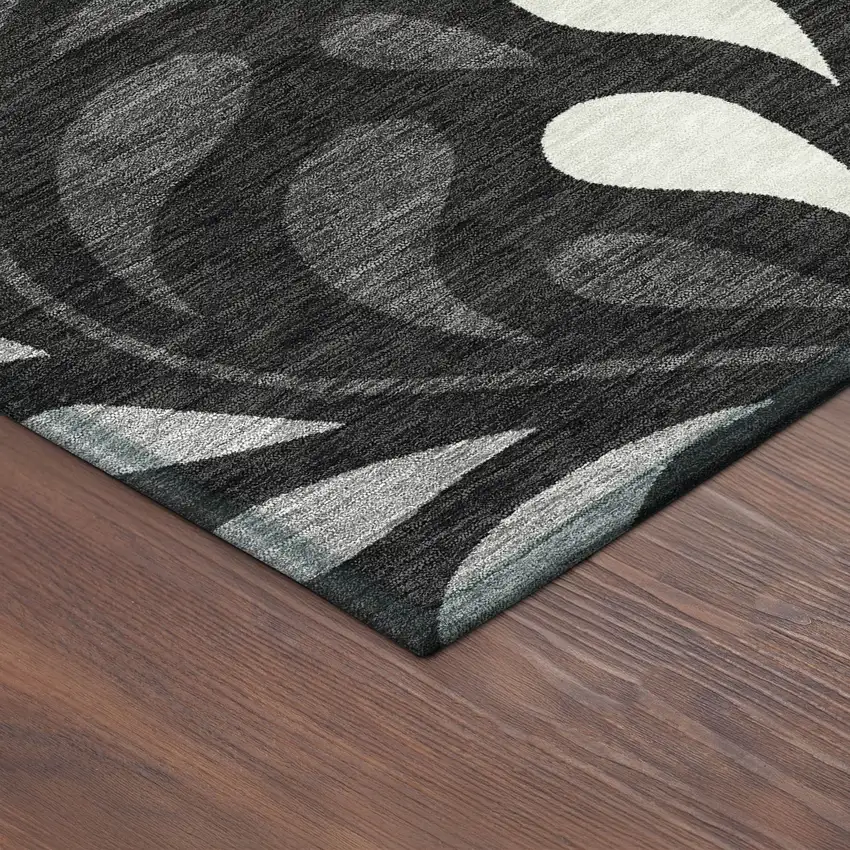 8' Black Gray And Ivory Round Botanical Leaves Washable Indoor Outdoor Area Rug Photo 8