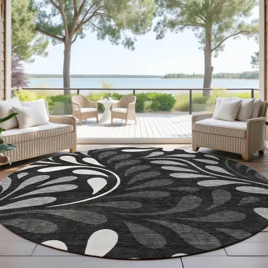 8' Black Gray And Ivory Round Botanical Leaves Washable Indoor Outdoor Area Rug Photo 4
