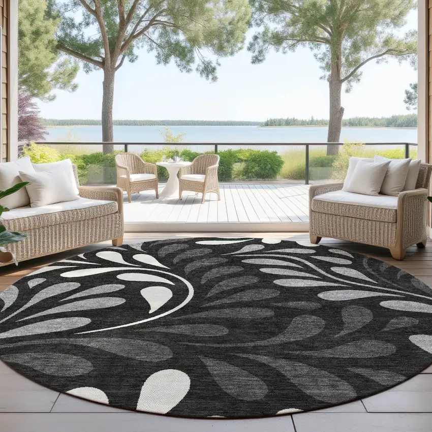 8' Black Gray And Ivory Round Botanical Leaves Washable Indoor Outdoor Area Rug Photo 4