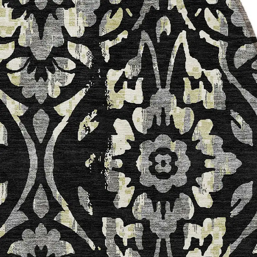 8' Black Gray And Ivory Round Floral Washable Indoor Outdoor Area Rug Photo 4